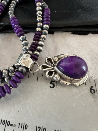 Navajo Sterling Silver 3 Strand Purple Stone Necklace Pendant 22” 19304