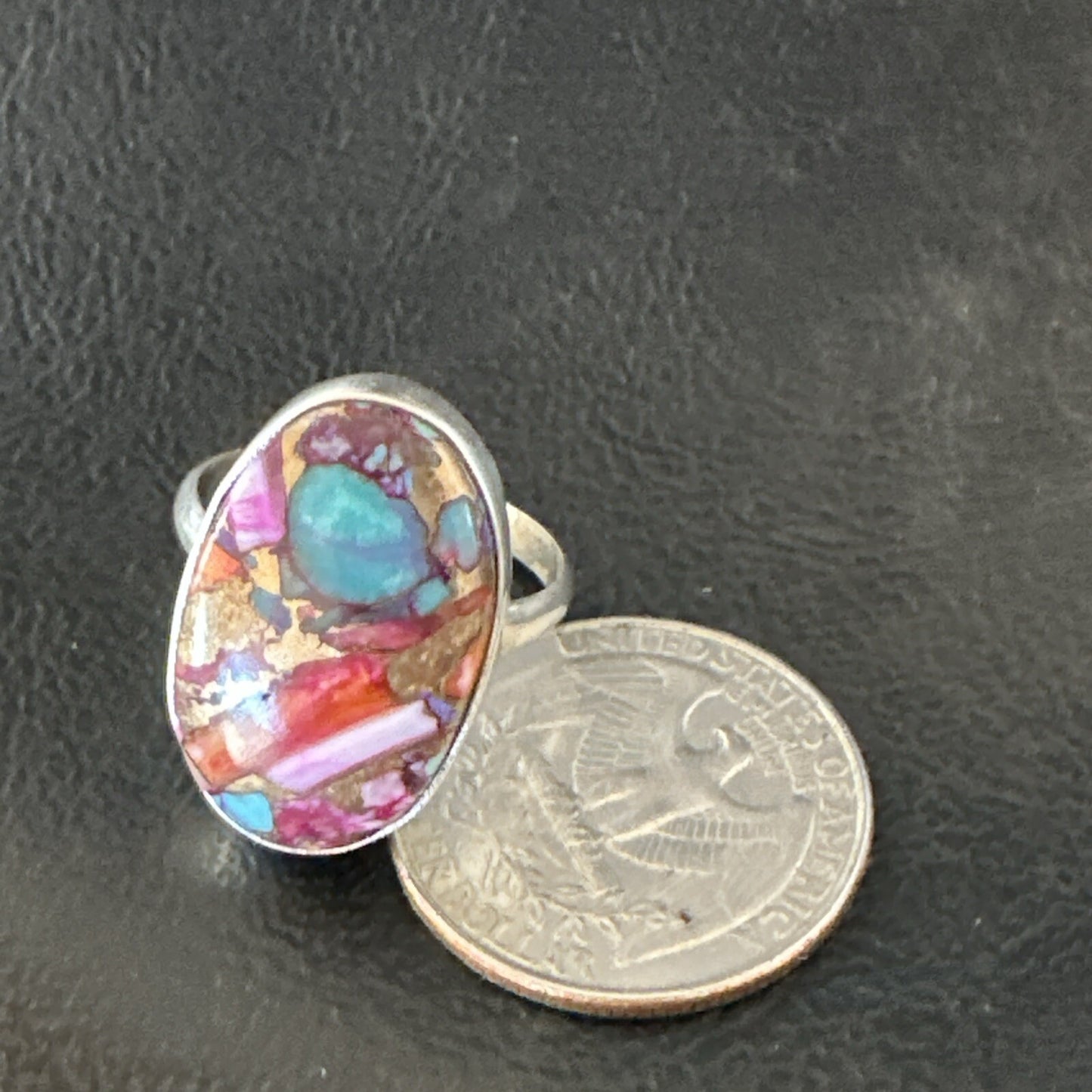 Blue Turquoise Spiny Oyster Southwestern Sterling Silver Ring Size 9 18539