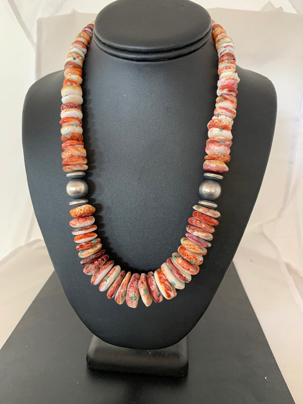 Red Spiny Oyster Navajo Pearls Necklace 20" | Sterling Silver | Authentic Native American Handmade | 03242