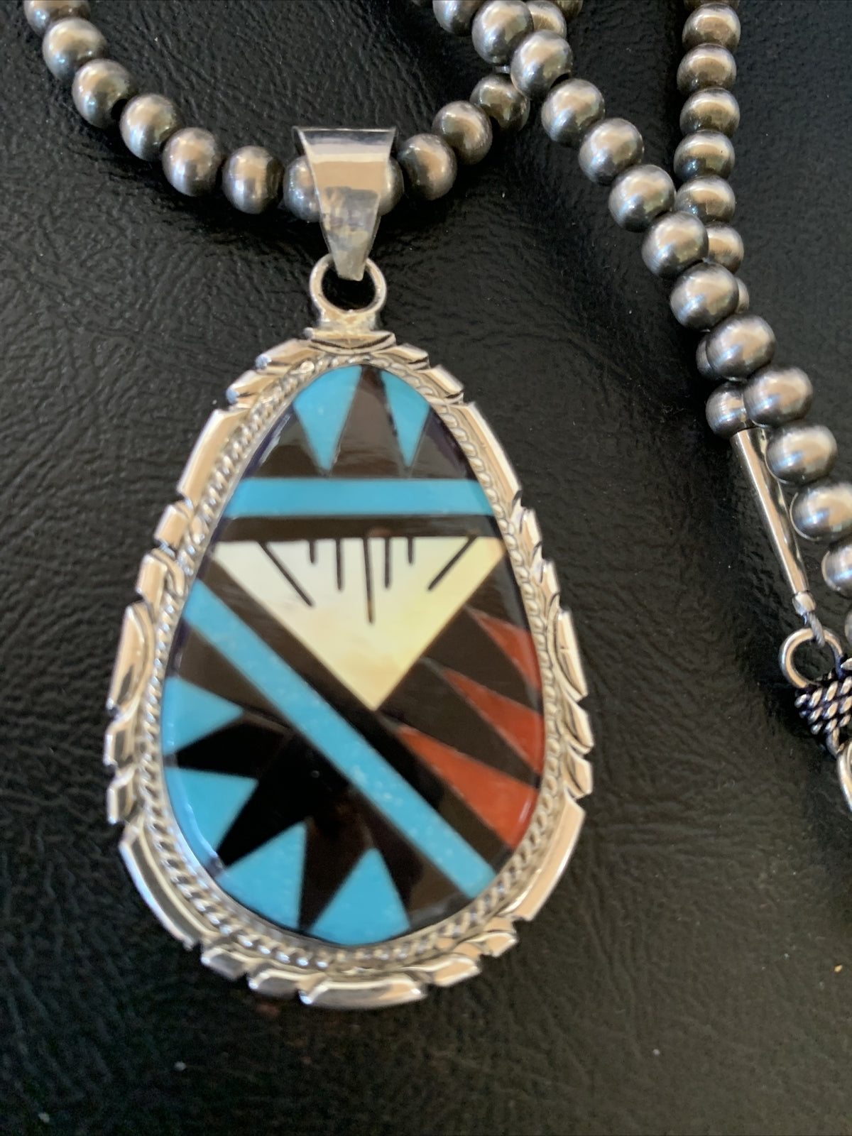 Turquoise Mother Of Pearl Coral Onyx Pendant Zuni Sterling Silver Necklace 12260