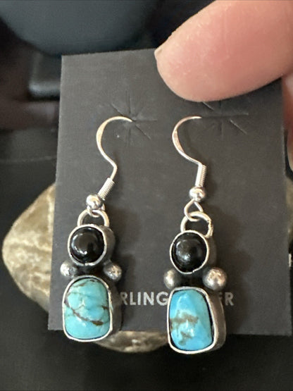 Handmade Kingman Turquoise Onyx Navajo Sterling Silver Dangle Earrings 18847