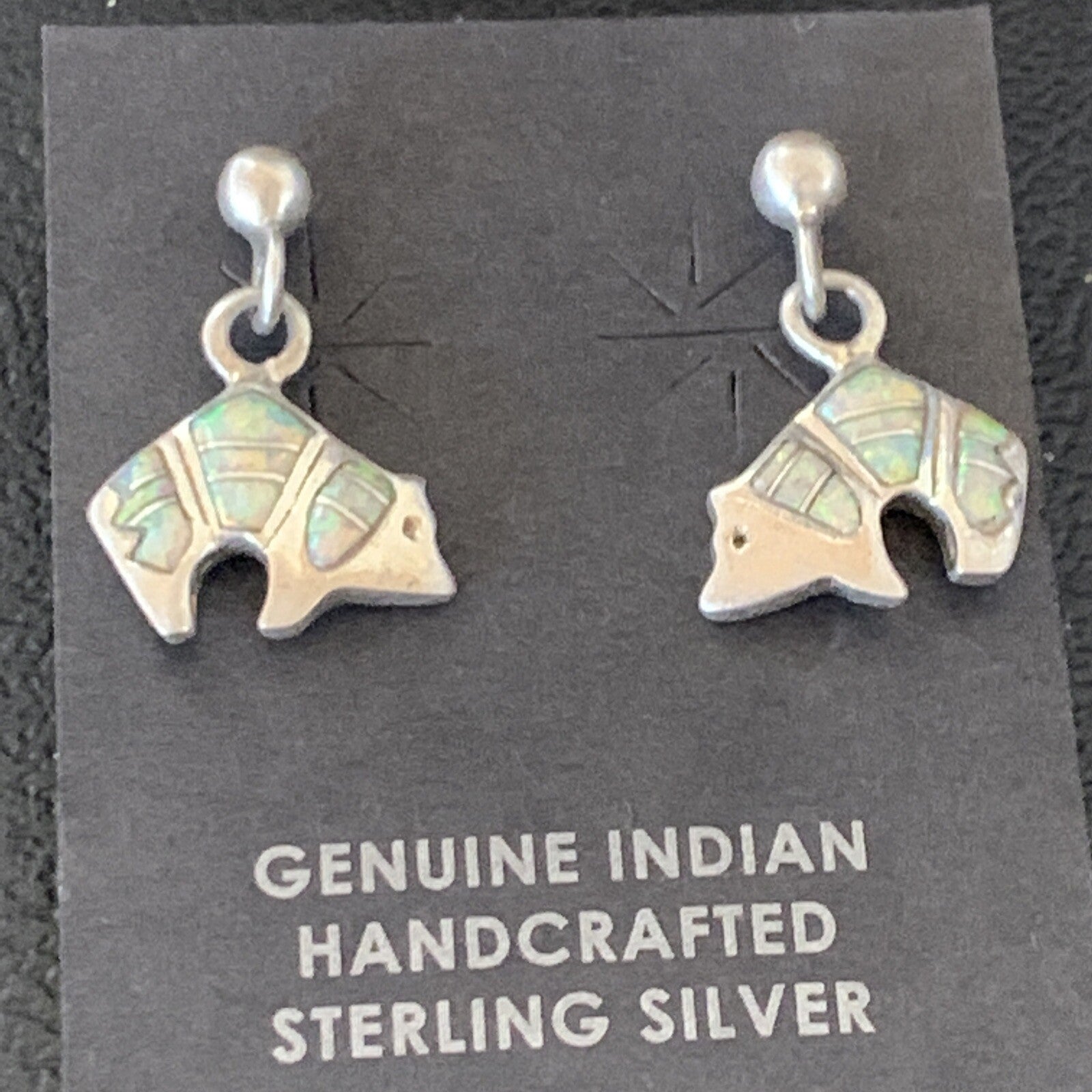 Womens White Opal Bear Inlay Navajo Sterling Silver Dangle Post Earrings 12767