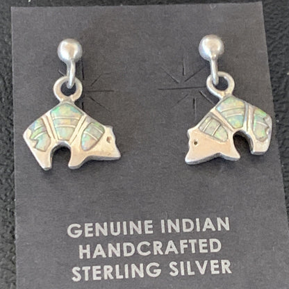 Womens White Opal Bear Inlay Navajo Sterling Silver Dangle Post Earrings 12767
