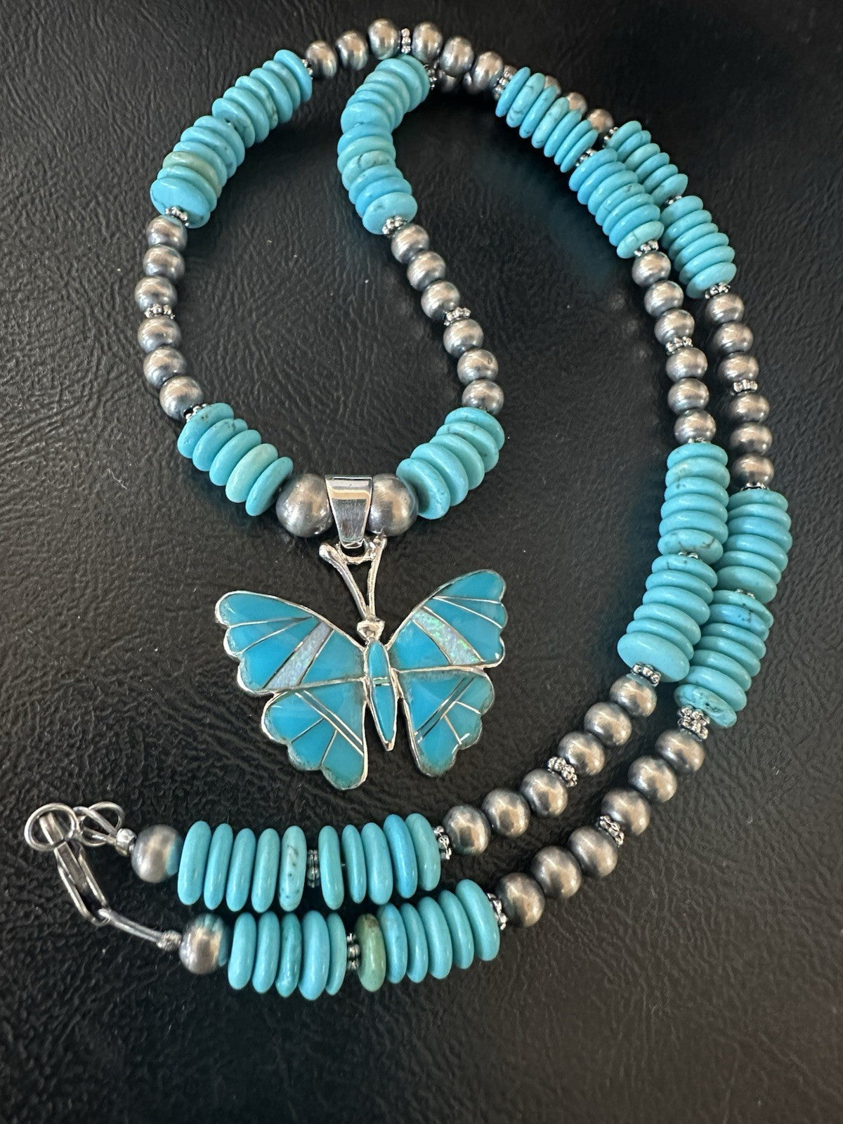 Butterfly Blue Turquoise Opal Pendant Navajo Sterling Silver Necklace 19511