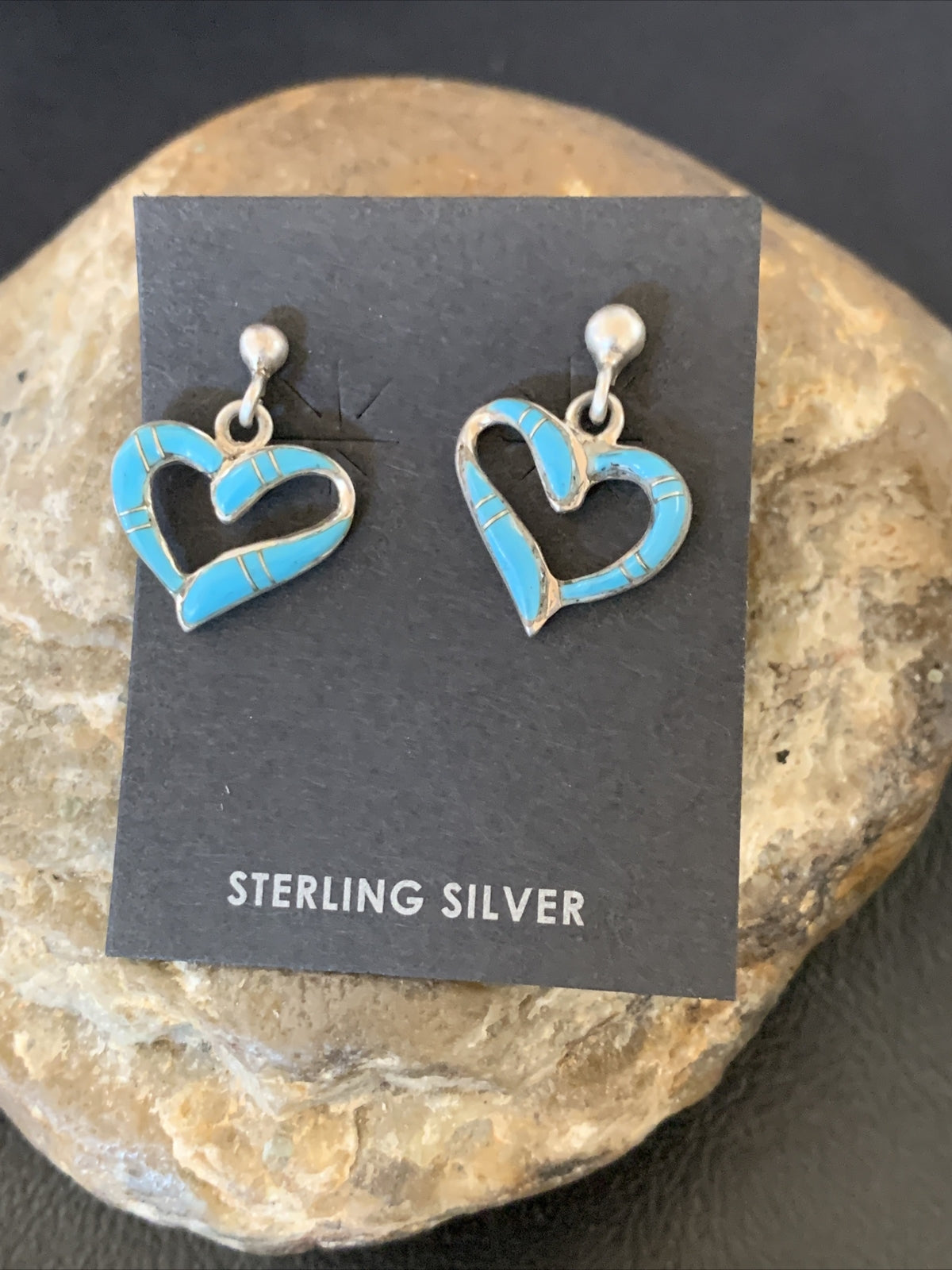 Blue Turquoise Heart Navajo Sterling Silver Dangle Post Earrings 0.5" 12714