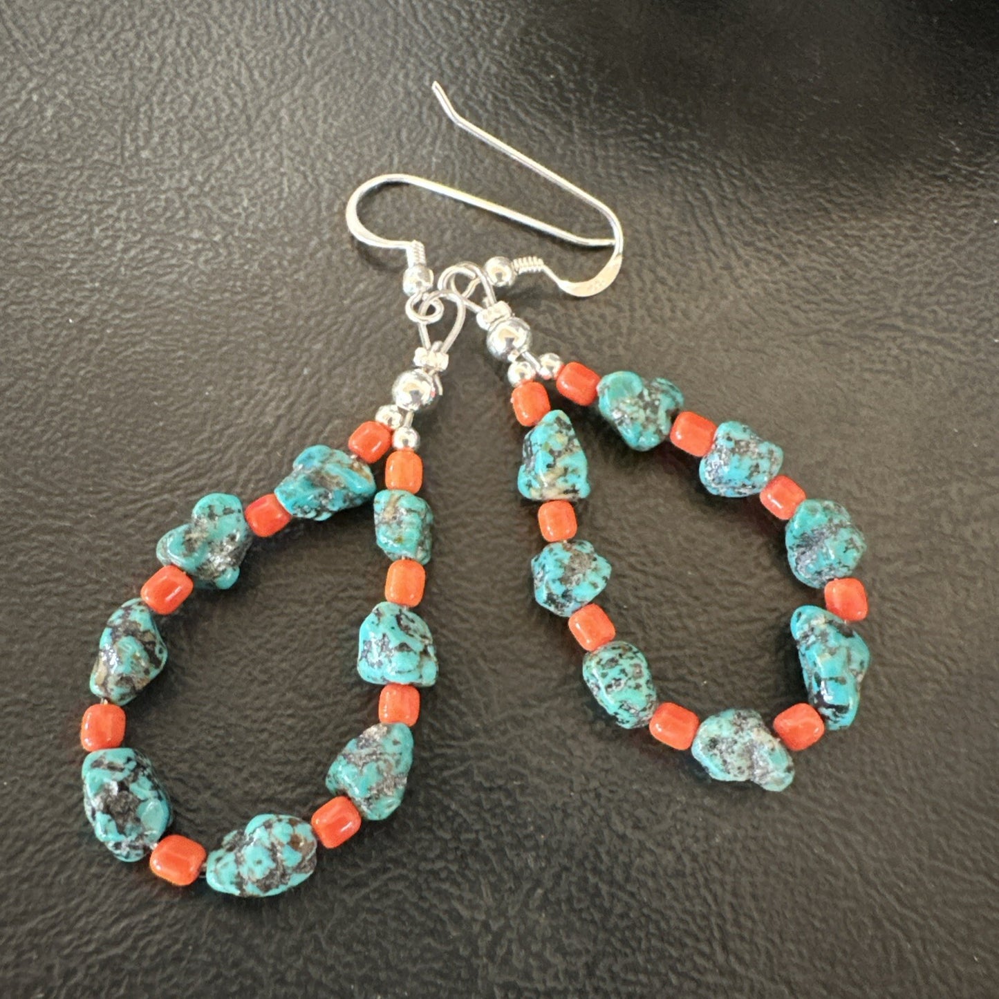 Blue Kingman Nugget Turquoise Coral Navajo Sterling Silver Earrings 2” 18836
