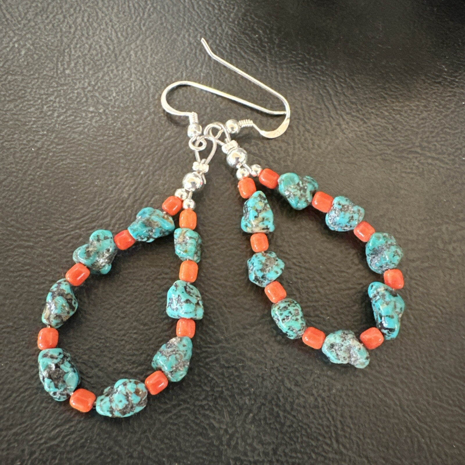 Blue Kingman Nugget Turquoise Coral Navajo Sterling Silver Earrings 2” 18836