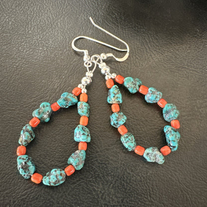 Blue Kingman Nugget Turquoise Coral Navajo Sterling Silver Earrings 2” 18836