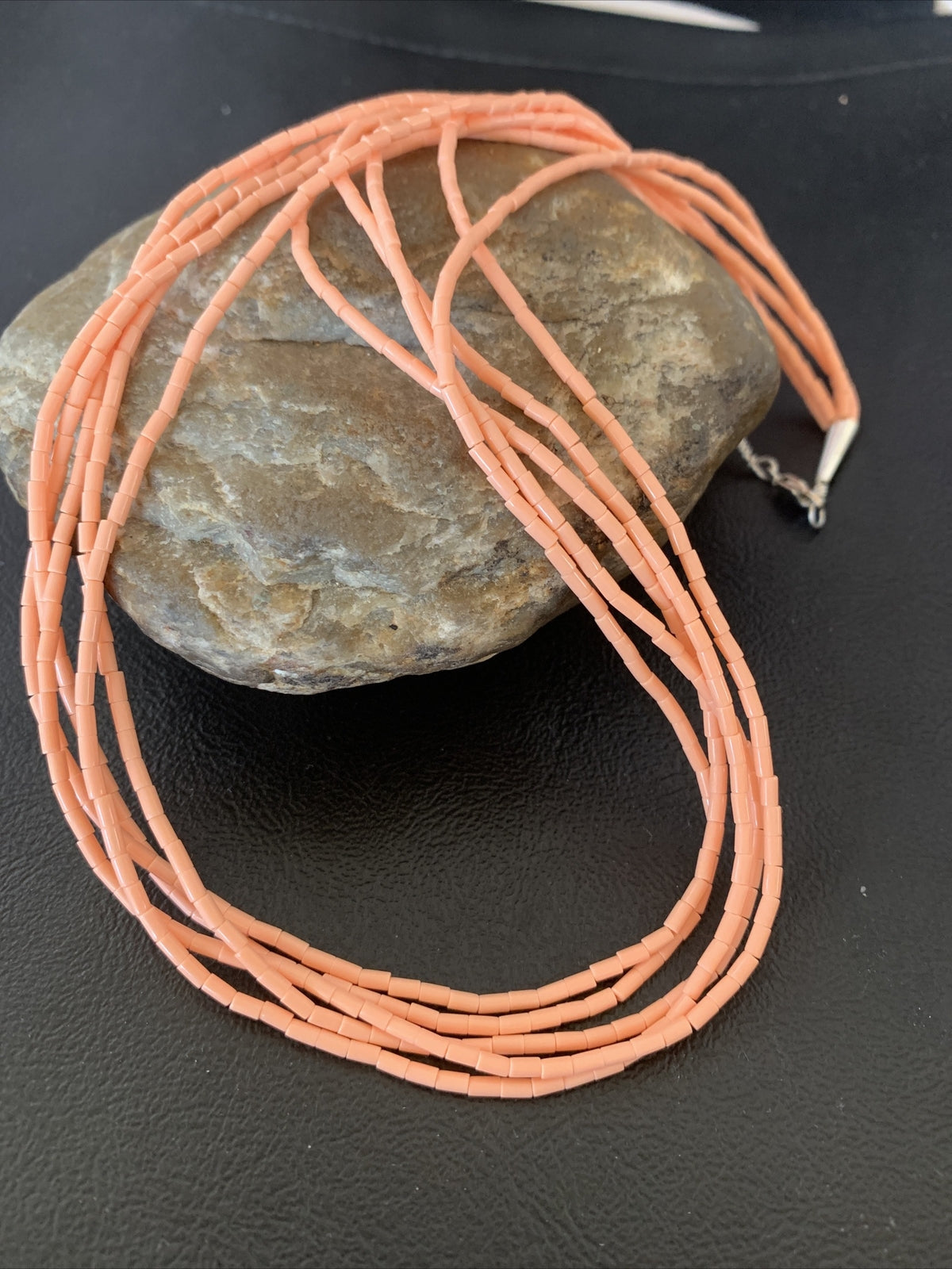 Pink Coral Stabilized Bead 5 Strand Navajo Sterling Silver Necklace 02208
