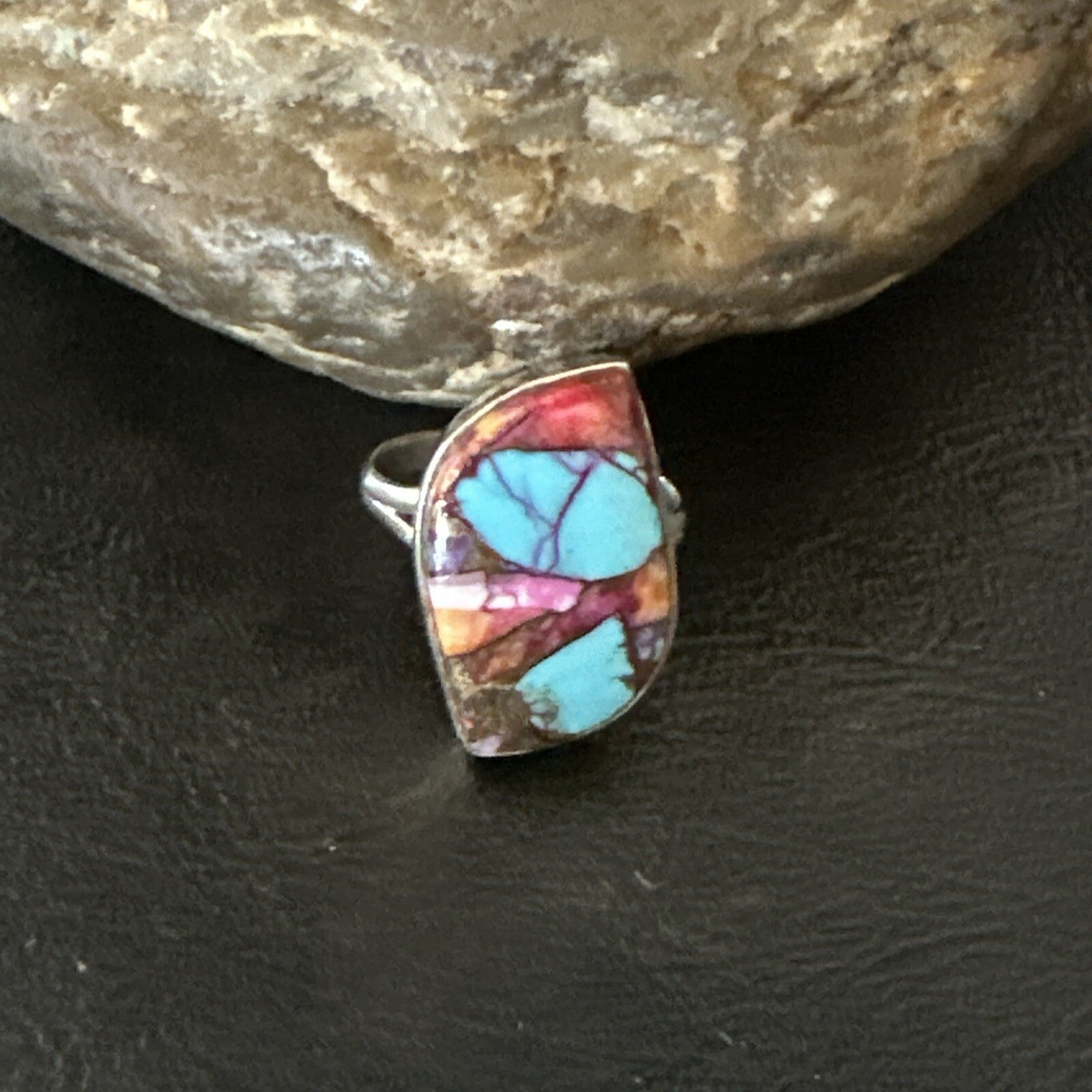 Blue Turquoise Spiny Oyster Southwestern Sterling Silver Ring Size 8 18441