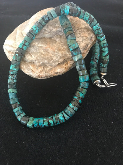 Southwestern Turquoise Heishi Sterling Silver Bead Necklace 10mm 20” 8505