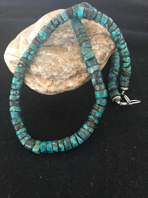 Southwestern Turquoise Heishi Bead Necklace 10mm 20" | Sterling Silver | Authentic Native American Handmade | 8505