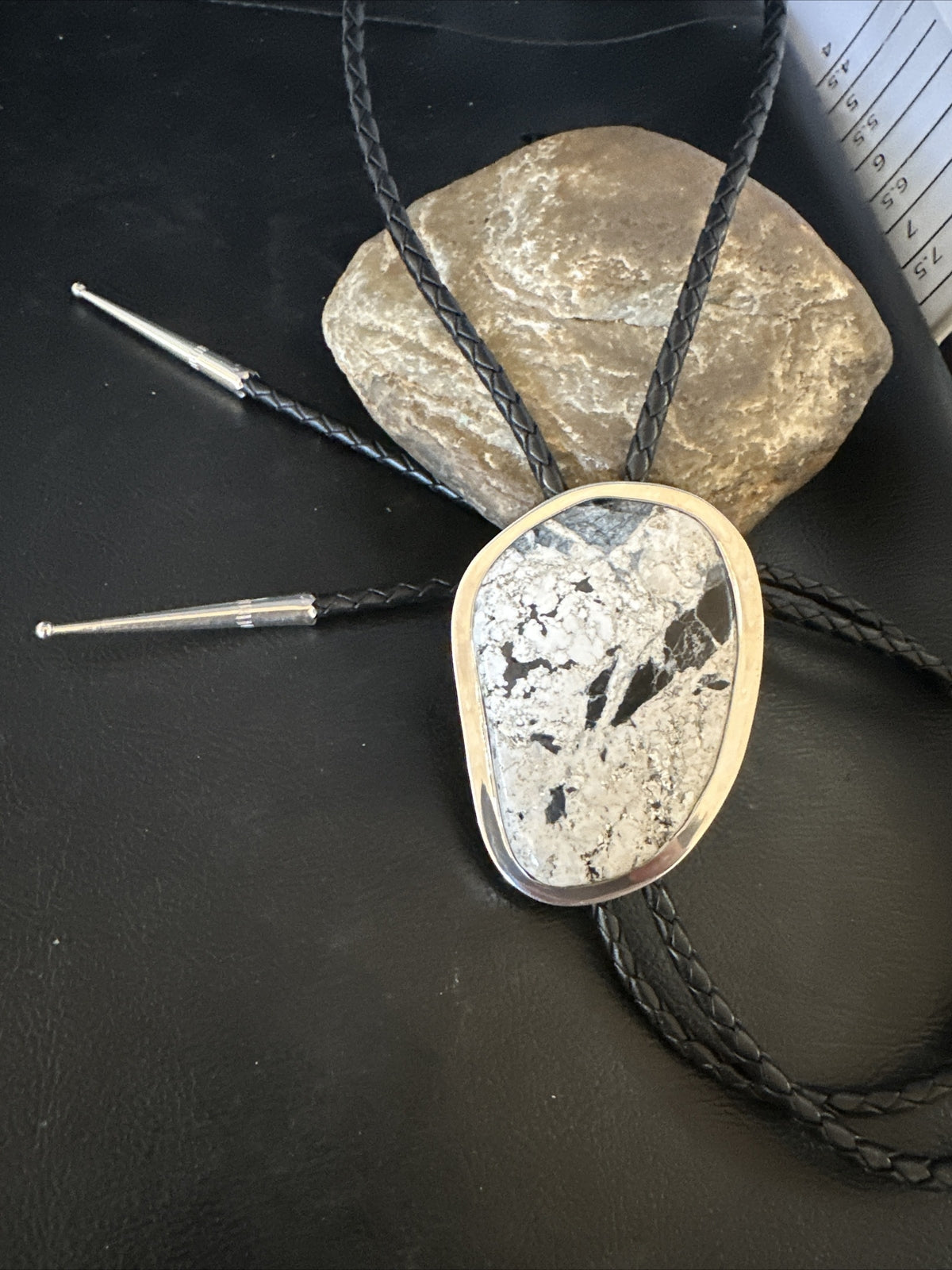 Mens BOLO TIE WHITE BUFFALO TURQUOISE Sterling Silver Navajo 2.5 in 15005
