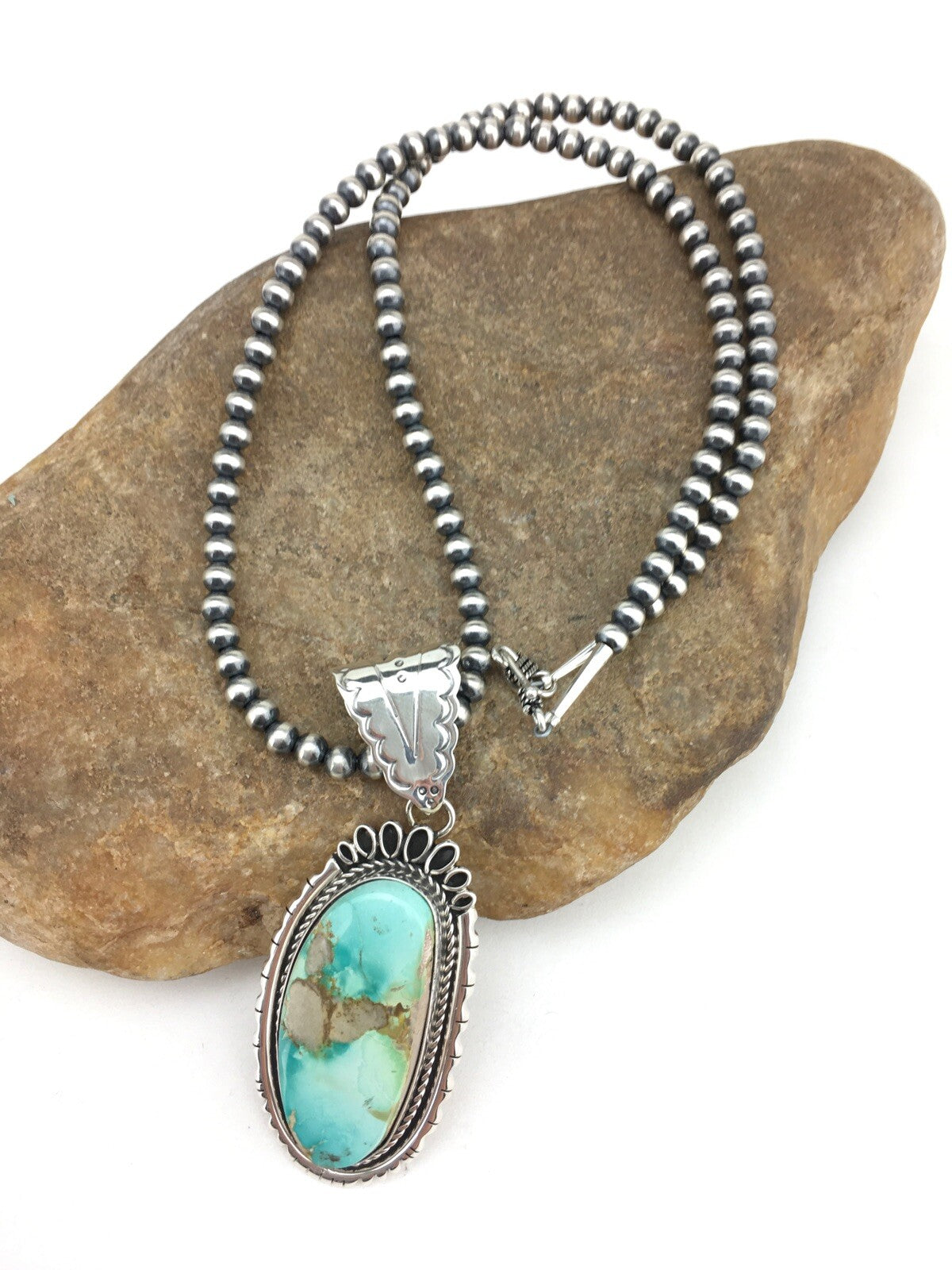 Royston Turquoise Pendant Navajo Pearls Sterling Silver Necklace 4820