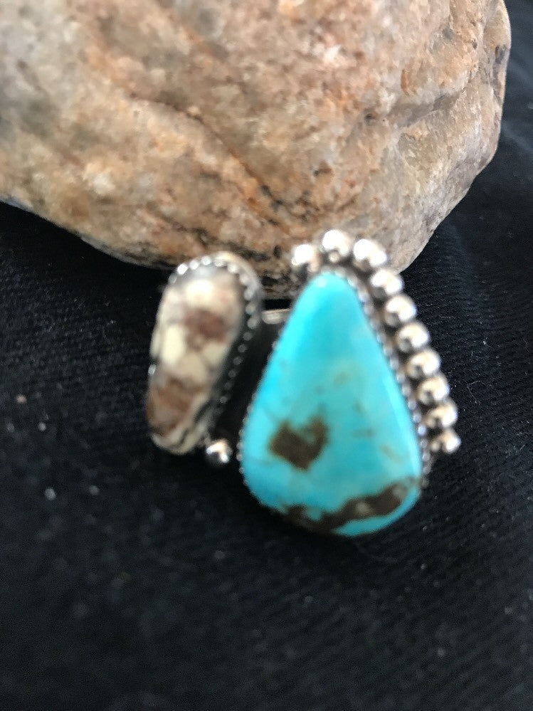 Crazy Horse & Blue Turquoise Navajo Indian Sterling Silver Ring Size 8 14698