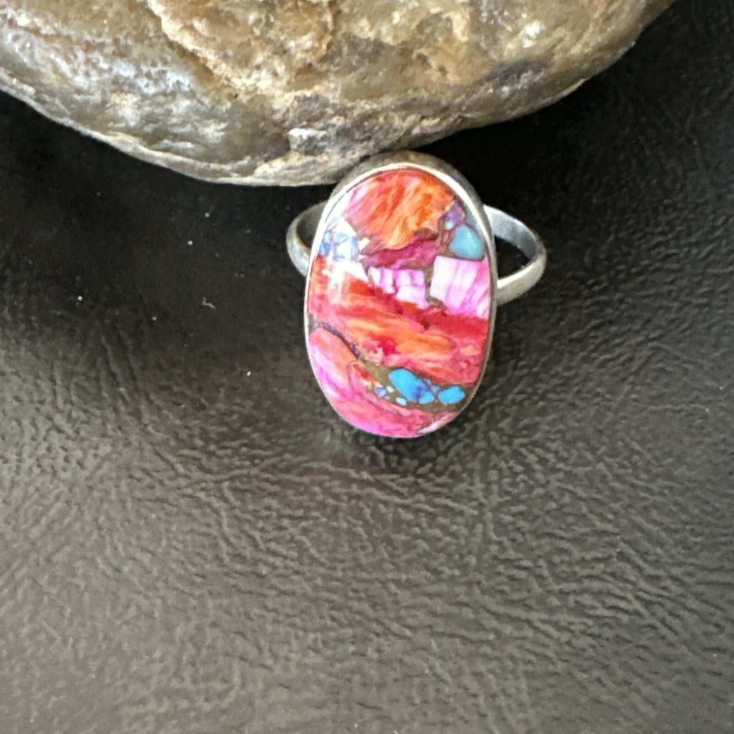 Blue Turquoise Spiny Oyster Southwestern Sterling Silver Ring Size 11 18447