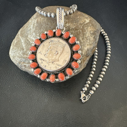 Coin Pendant Red Spiny Oyster Turquoise Navajo Sterling Silver Necklace 17925
