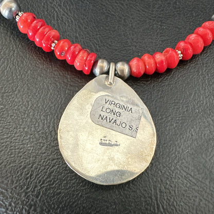 Red Coral BearPaw Inlay Pendant Navajo Pearls Sterling Silver Necklace 21" 18058