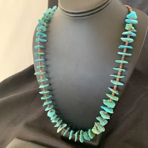 Navajo Sterling Silver Kingman Turquoise Shell Necklace 26" 11817