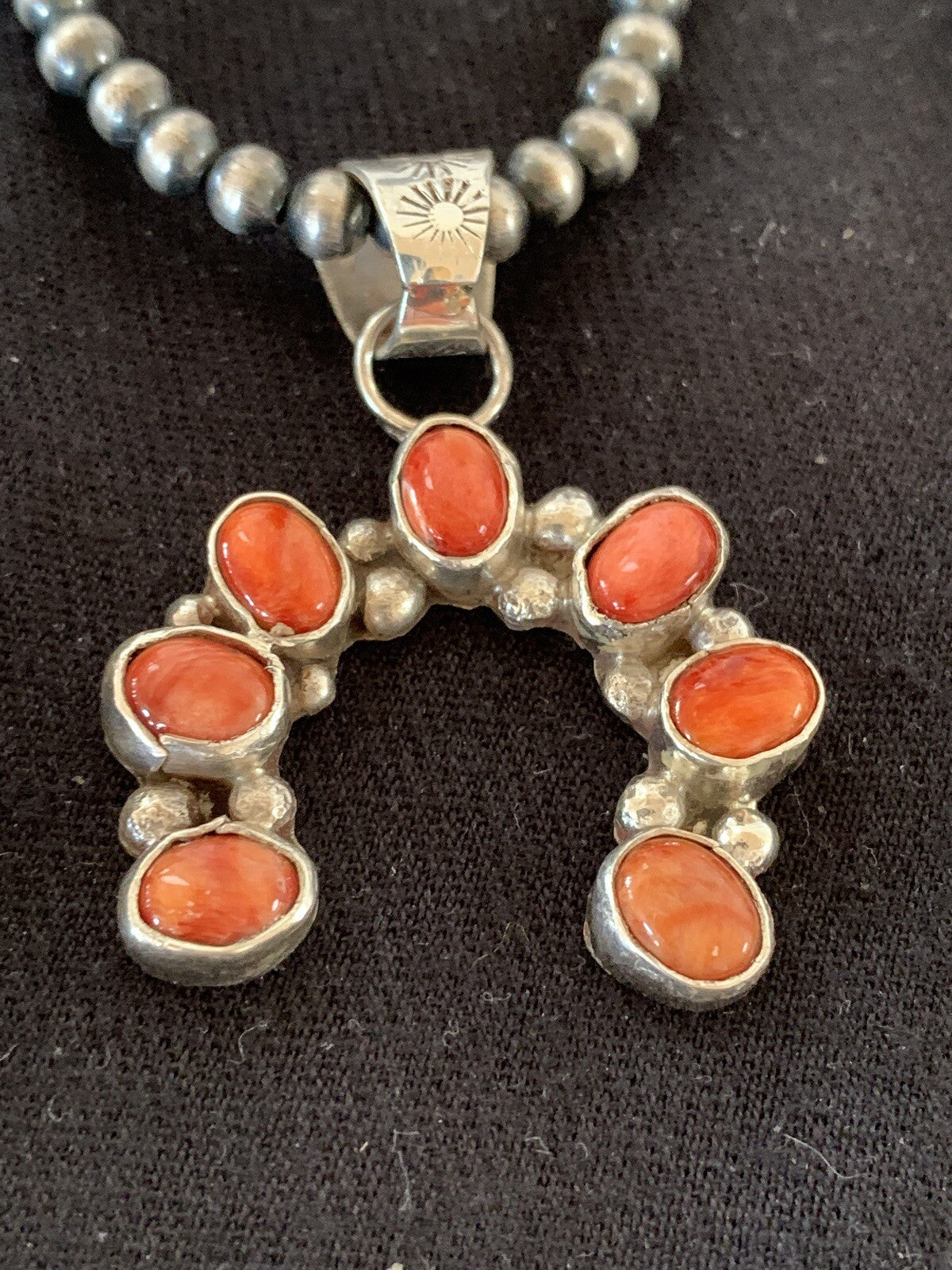 Red Spiny Oyster Naja Pendant Navajo Pearls Sterling Silver Necklace 00326