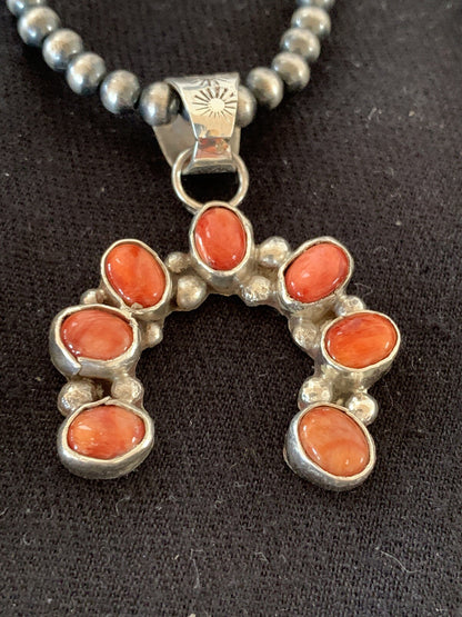Red Spiny Oyster Naja Pendant Navajo Pearls Sterling Silver Necklace 00326