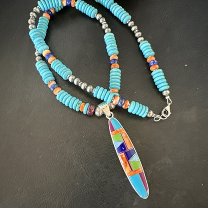 Multicolor Turquoise Spiny Navajo Sterling Silver Inlay Pendant Necklace 19644