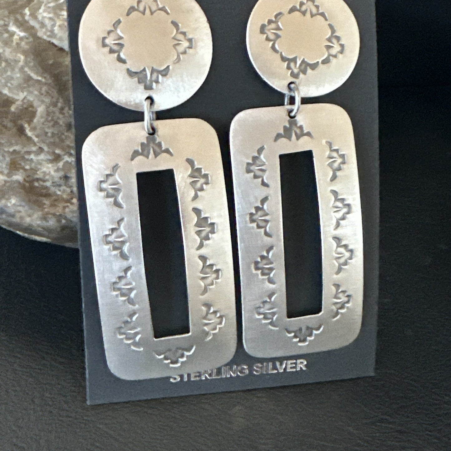Popular Navajo Stamped Sterling Silver Stamped Handmade Earrings  2.75" 17859