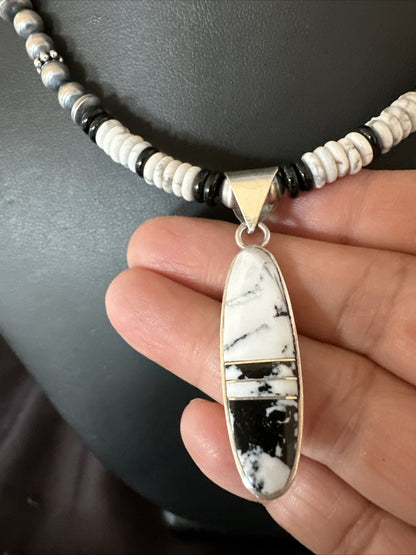 White Buffalo Turquoise Navajo Pearls Sterling Silver Onyx Necklace 17804