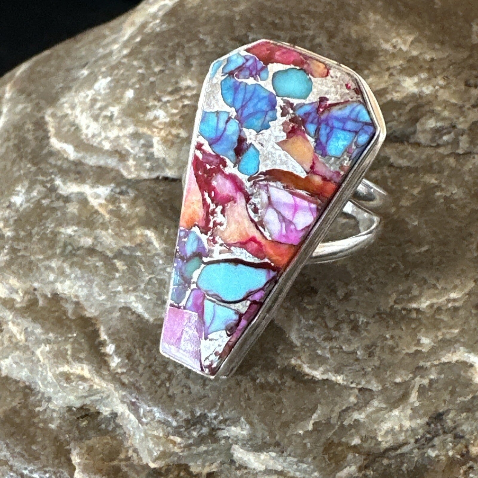 Blue Turquoise Spiny Oyster Navajo Sterling Silver Ring Size 8 18220