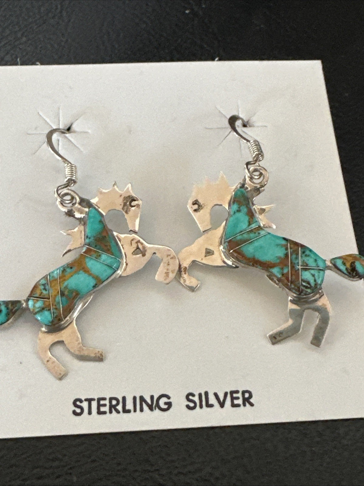 Turquoise Horse Inlay Navajo Sterling Silver Earrings 19826
