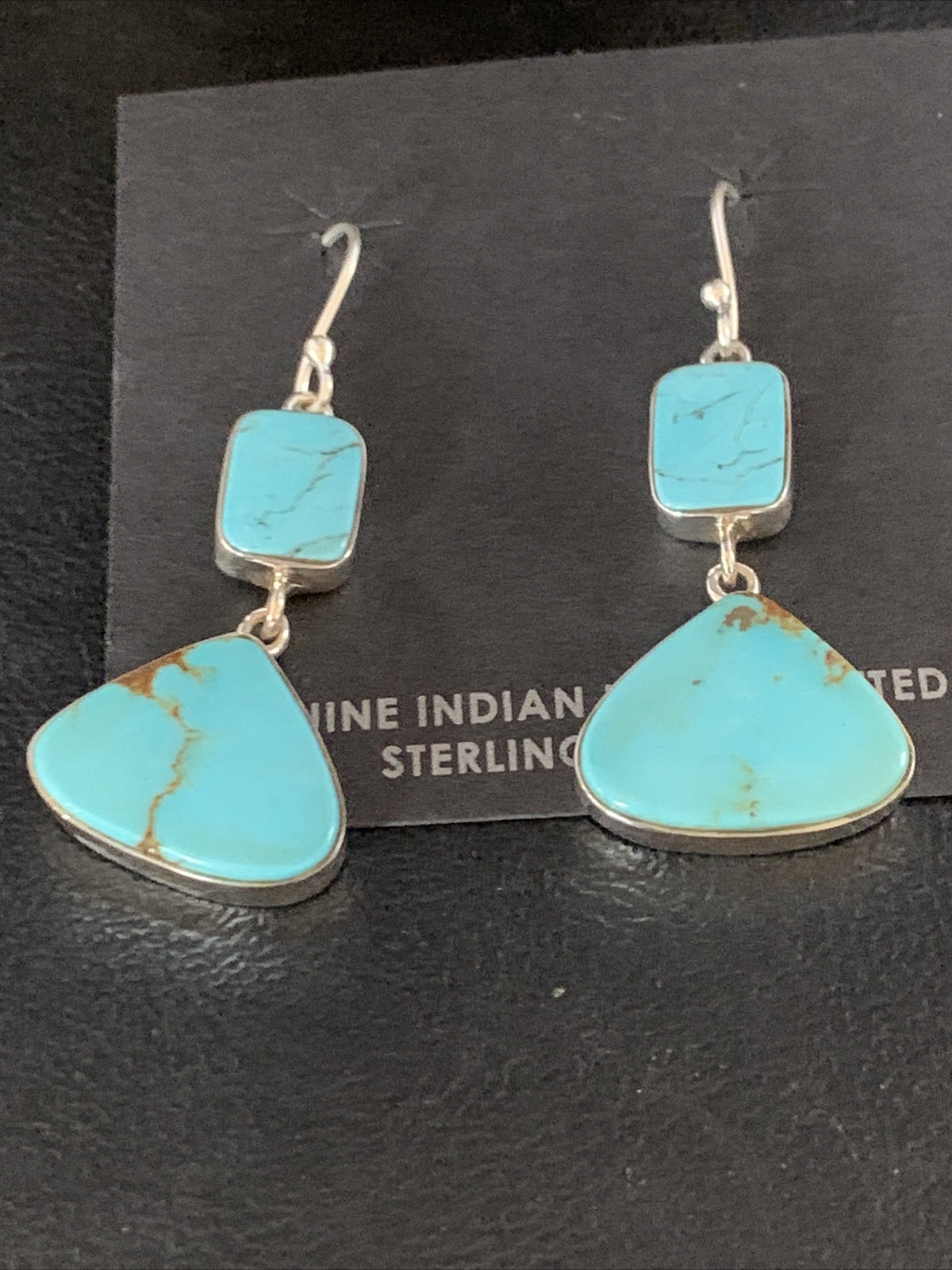 Blue Kingman Turquoise Navajo Sterling Silver Dangle Earrings 1.5" 14076