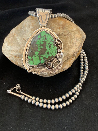 Green Spiderweb Turquoise Pendant Navajo Sterling Silver Beads Necklace 02983