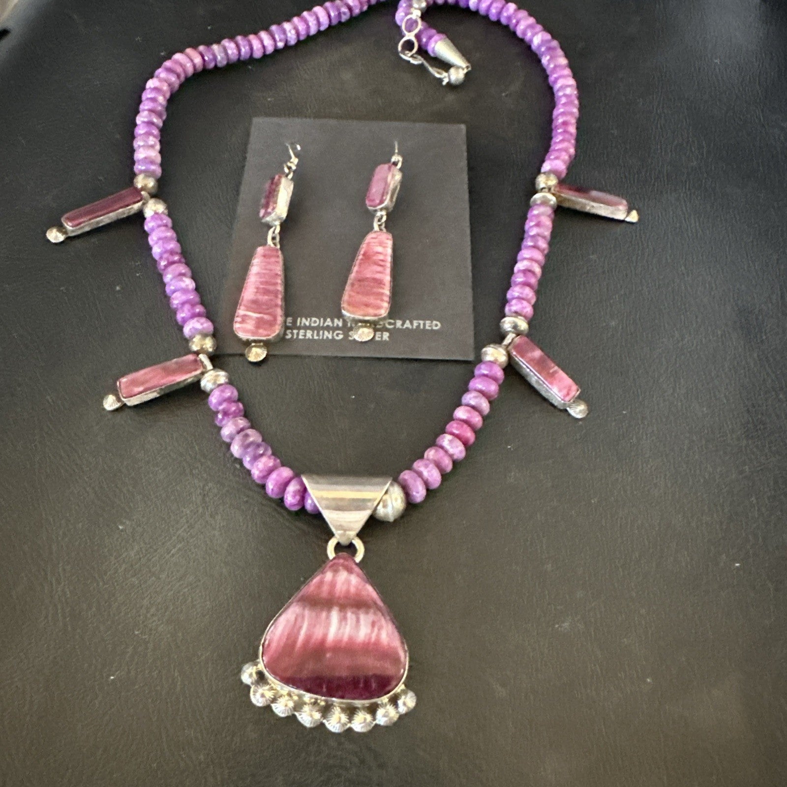 Purple Stone Spiny Oyster Sterling Silver Necklace Earrings 20” 19088 J B