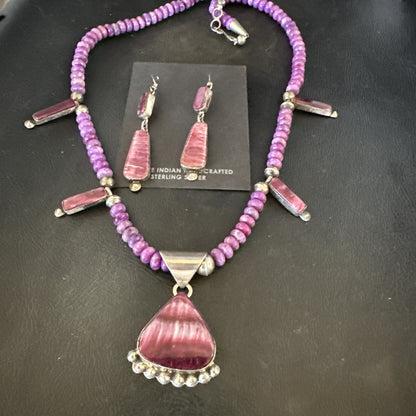 Purple Stone Spiny Oyster Sterling Silver Necklace Earrings 20” 19088 J B