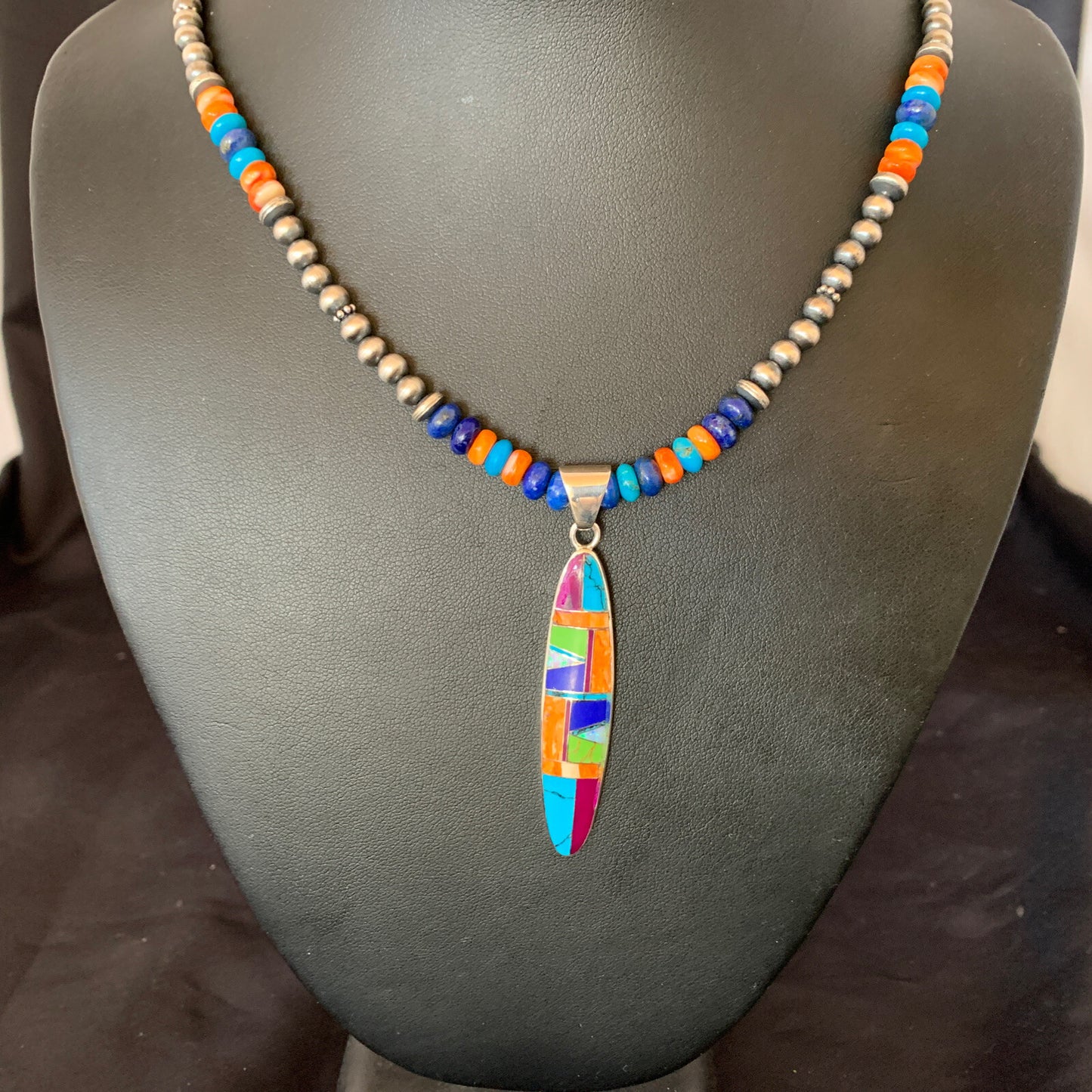 Spiny Oyster & Turquoise Pendant Sterling Silver Beads Necklace 21" 11361