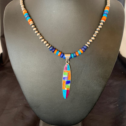 Spiny Oyster & Turquoise Pendant Sterling Silver Beads Necklace 21" 11361