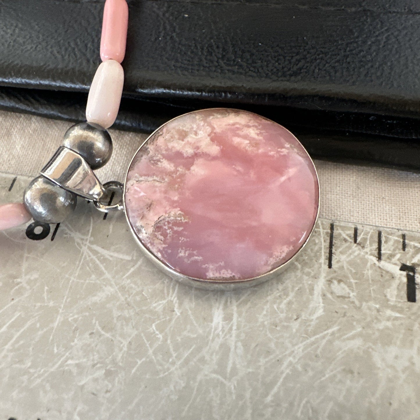 Southwestern Sterling Silver Pink Coral Bead Necklace Quartz Pendant 24" 19588