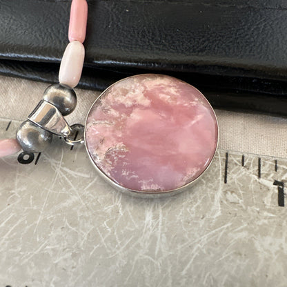 Southwestern Sterling Silver Pink Coral Bead Necklace Quartz Pendant 24" 19588