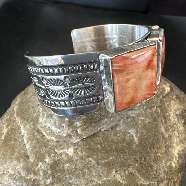 Red Spiny 3 Stone Navajo Cuff Bracelet 7.7" | Sterling Silver | Authentic Native American Handmade | 19488
