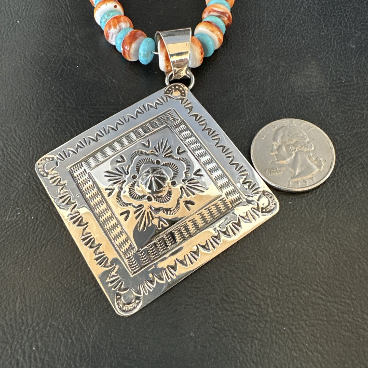 Orange Spiny Oyster Turquoise Navajo  Pendant Sterling Silver Necklace 21” 19044