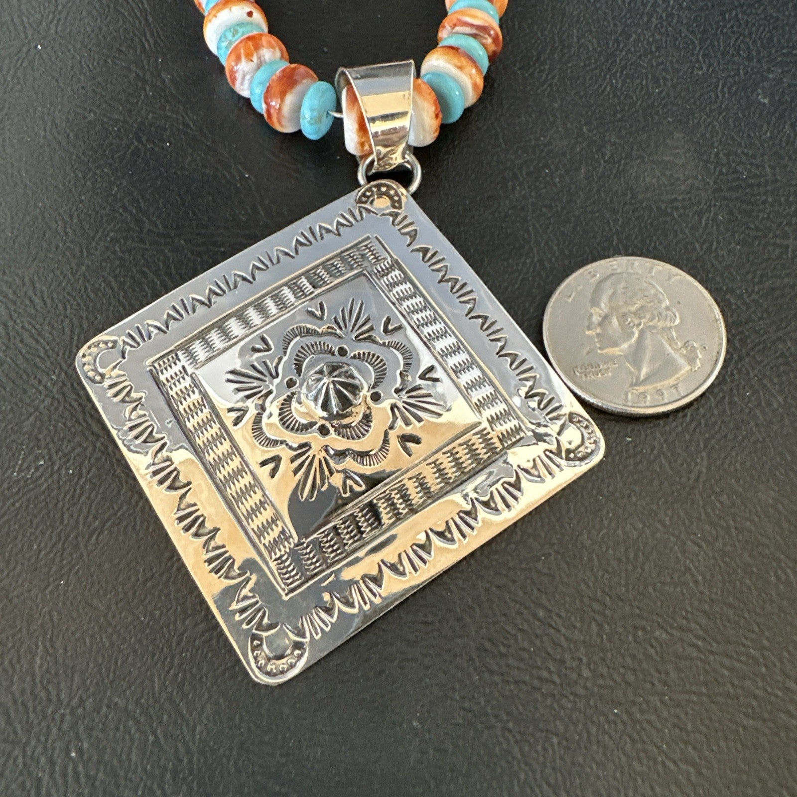 Orange Spiny Oyster Turquoise Navajo  Pendant Sterling Silver Necklace 21” 19044