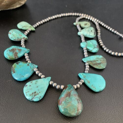 Navajo Pearls Necklace Sterling Silver Blue Turquoise Teardrop 13152