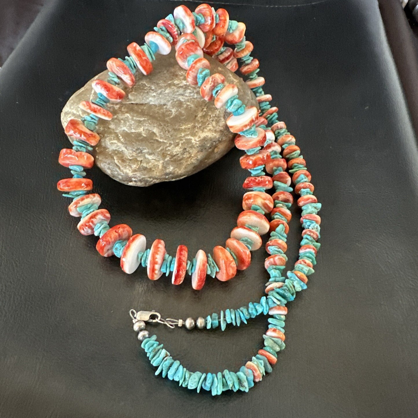 XL Red Spiny Oyster Blue Turquoise Navajo Sterling Silver Necklace 35" 18266