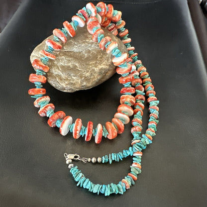 XL Red Spiny Oyster Blue Turquoise Navajo Sterling Silver Necklace 35" 18266