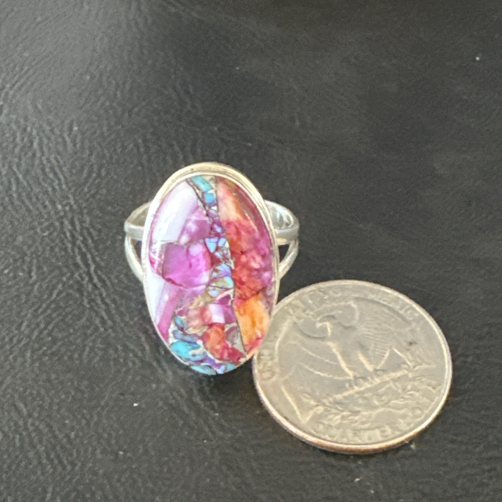 Blue Turquoise Spiny Oyster Southwestern Sterling Silver Ring Size 10 19056