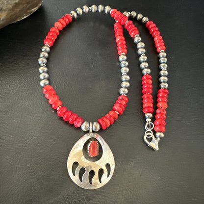 Red Coral BearPaw Inlay Pendant Navajo Pearls Sterling Silver Necklace 21" 18058
