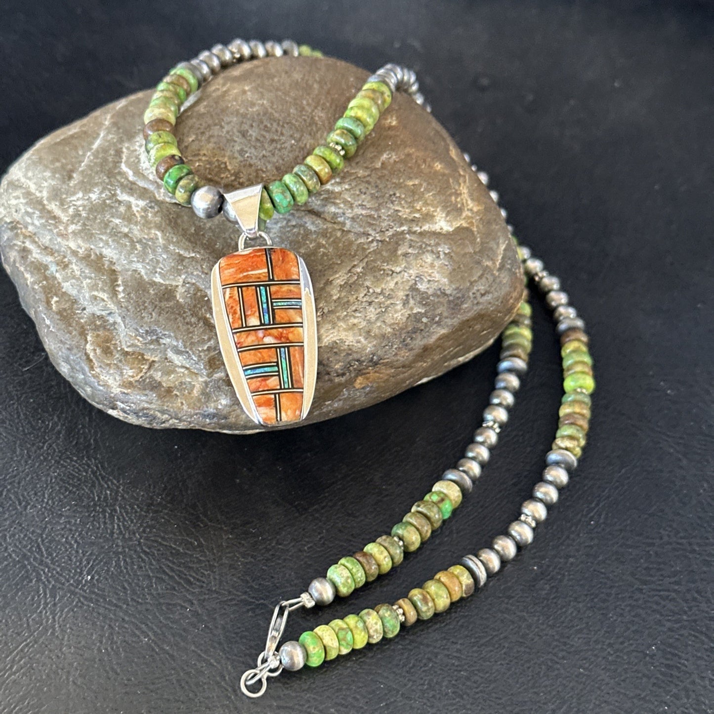 Green Turquoise Orange Spiny Pendant Sterling Silver Necklace 21” 19228