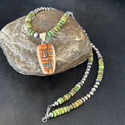 Green Turquoise Orange Spiny Pendant Necklace 21" | Sterling Silver | Authentic Native American Handmade | 19228