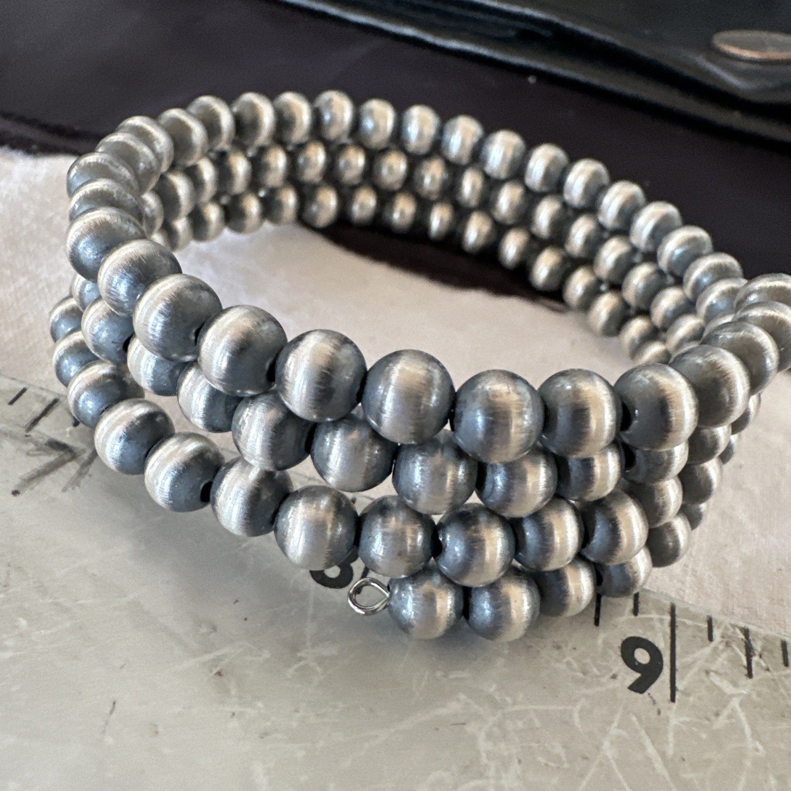 Sterling Silver Navajo Pearls 6mm Beads Stainless Steel Wire Wrap Bracelet 19021