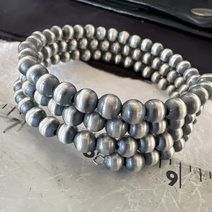 Sterling Silver Navajo Pearls 6mm Beads Stainless Steel Wire Wrap Bracelet 19021